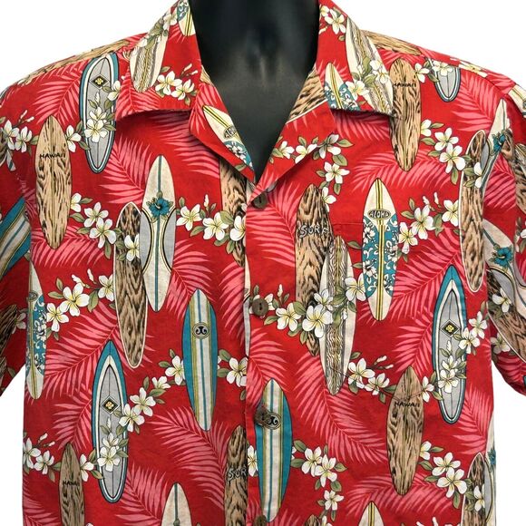 Vintage 90s Howie Surfboards Hawaiian Camp Shirt Mens Medium Surfer Surfing Red - Picture 1 of 5
